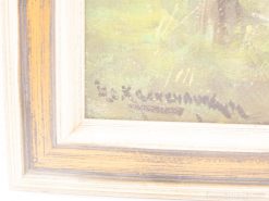 Elegant landscape painting with soft greens and yellows, framed in a sophisticated two-tone design.