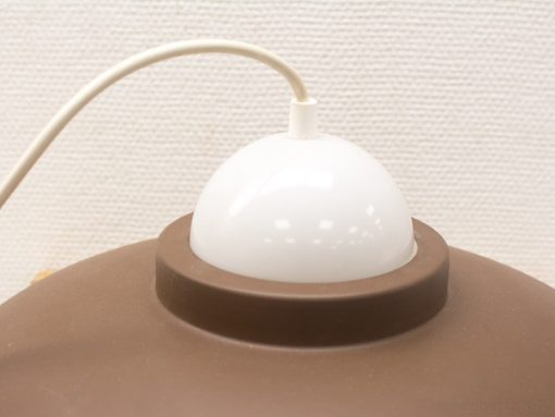 Stylish modern lamp with a white dome and matte brown base, blending retro and contemporary design.