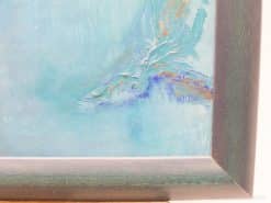 Serene vintage painting with textured blue and green waves, accented by warm hues.