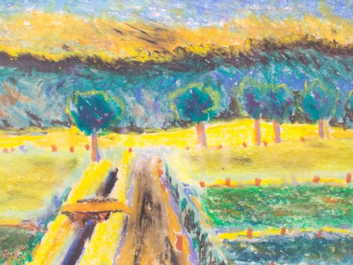 Serene landscape painting with winding path, golden fields, lush trees, and vibrant sunset sky.
