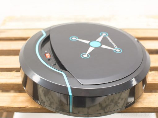Compact black robotic vacuum cleaner with blue accents for efficient home cleaning.