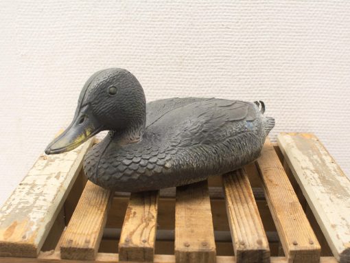 Vintage duck decor, authentic hunting decoy in dark green and black for rustic charm.