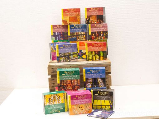 Colorful CD box collection of Johann Sebastian Bachs classical music masterpieces.