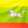 Vibrant flag featuring a leaping white horse over green, yellow, and red backgrounds.