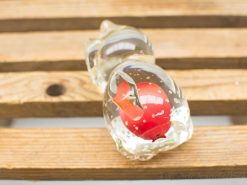 Elegant glass sculpture with a red apple on a warm wooden surface.