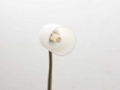 Sleek modern desk lamp with flexible metal neck and frosted glass shade for warm ambiance.