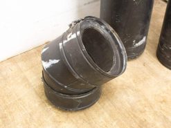 Vintage black buckets on a wooden floor, showcasing wear and ideal for storage solutions.