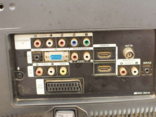 Back panel of a modern LCD TV featuring multiple audio and video connection options.