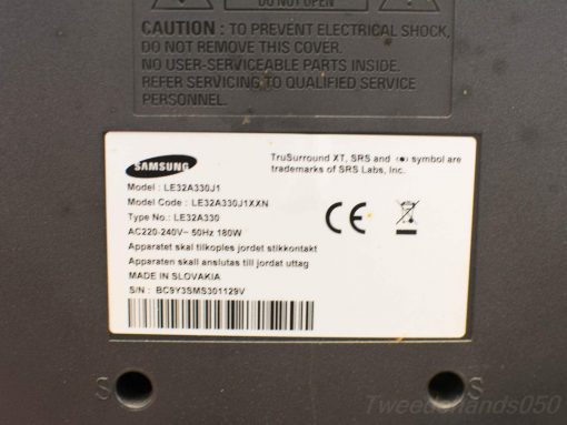 Samsung LE32A330 LCD TV back, showcasing model details and safety information. Secondhand quality.