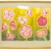 Vibrant watercolor flowers in pink and red, set against a sunny yellow-green background.