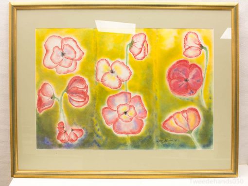 Vibrant watercolor flowers in pink and red, set against a sunny yellow-green background.