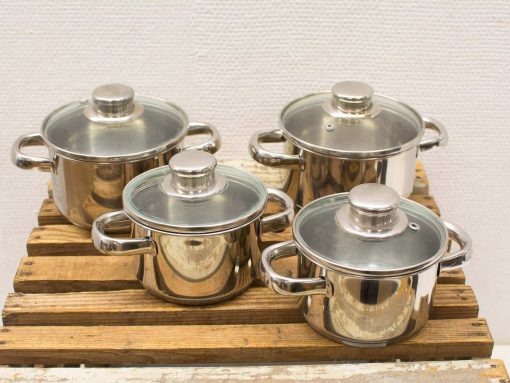 Stylish stainless steel pot set with glass lids, perfect for everyday cooking.