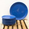 Vibrant blue plate set on rustic wood, perfect for stylish dining experiences.