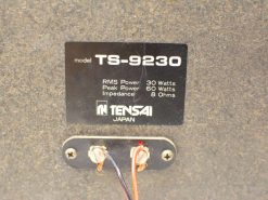 Tensai TS-9230 speaker label showcasing key specs and durable audio connections.