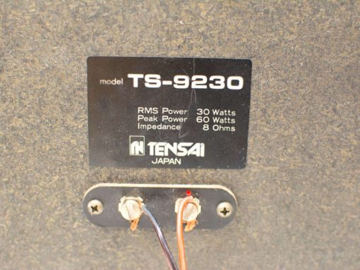 Tensai TS-9230 speaker label showcasing key specs and durable audio connections.