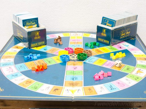 Colorful Genus board game on a wooden table, featuring vibrant segments and playful pieces.