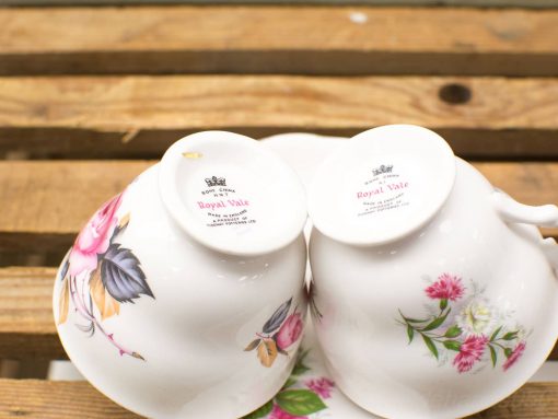Elegant Royal Vale bone china teacups with delicate floral patterns, perfect for afternoon tea.
