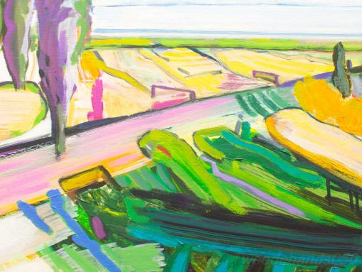 Vibrant landscape painting with colorful fields, trees, and a dreamy atmosphere by Ditte Brouwers.