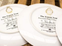 Elegant porcelain plate from The Forest Year collection featuring April skunks by John Francis.