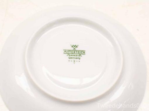 Elegant Mitterteich porcelain plate from Bavaria, Germany, with intricate green marking.