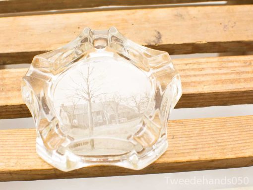 Elegant vintage octagonal glass ashtray with etched winter landscape, perfect for decor or collection.