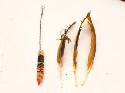 Vintage fishing lure and elegant feathers set, perfect for collectors and nature enthusiasts.