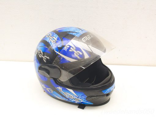 Sporty blue and black motorcycle helmet with dynamic graphics for stylish protection and comfort.