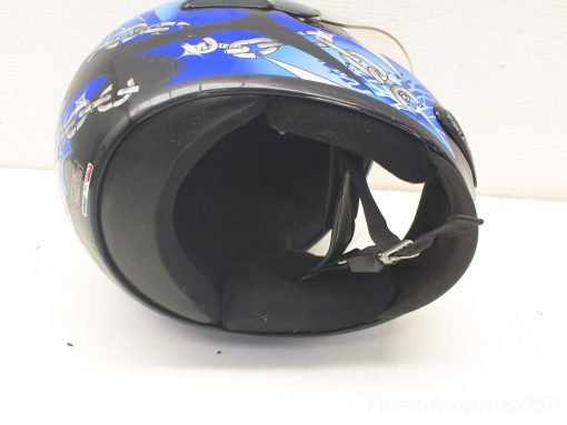 Stylish black and blue motorcycle helmet with cartoon designs, blending safety and fun for riders.