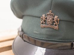 Ceremonial military cap with green fabric and bronze lion insignia for service and honor.