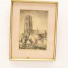 Detailed engraving of a historic church tower amidst charming urban rooftops.