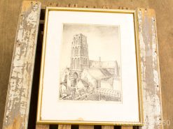 Elegant monochrome depiction of Gothic church architecture with intricate details and urban surroundings.