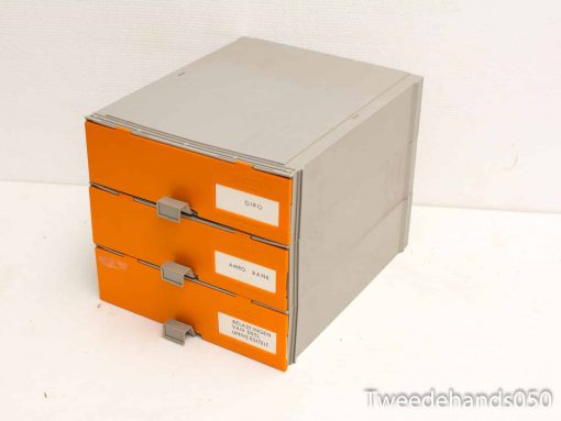 Stylish gray and orange storage box with labeled drawers for effective organization.