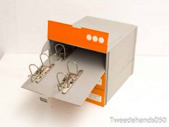 Vintage gray and orange document storage box with retro design and efficient organization features.