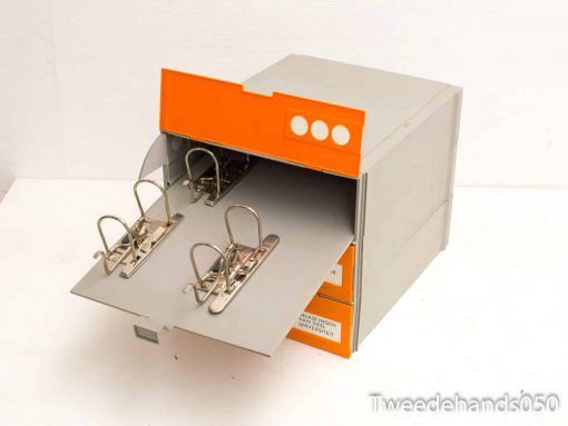 Vintage gray and orange document storage box with retro design and efficient organization features.
