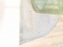 Serene watercolor landscape featuring a sandy shore and lush greenery, inviting tranquility and reflection.