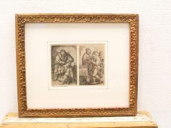 Vintage dual scene artwork in ornate gold frame showcasing contemplation and lively interaction.