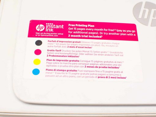 HP Instant Ink card showcasing a free printing plan and subscription benefits for printer users.