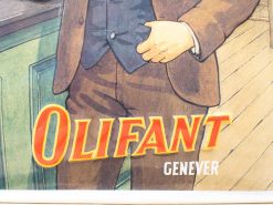 Vintage gentleman in a brown suit promoting Olifant Genever in a charming illustration.
