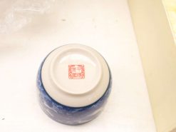Authentic blue ceramic bowl with intricate designs and red makers seal for decorative collection.