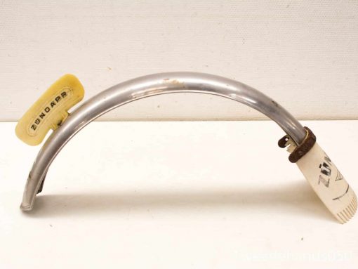 Vintage ZUNDAP chrome bicycle fender with plastic mount, showcasing wear and retro charm.