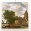 Tranquil river scene with children, livestock, and a boat amidst lush greenery and historic buildings.