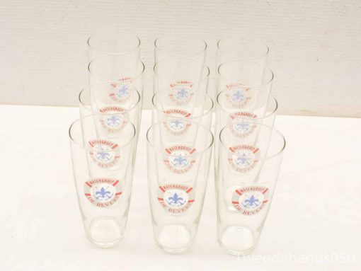 Vintage set of 16 colorful logo glasses, perfect for collectors and daily use.