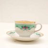 Elegant mint green tea cup and saucer set with pink roses and gold accents.