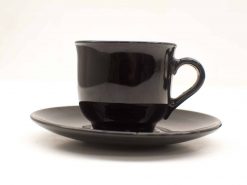 Stylish black ceramic coffee cup and saucer set for modern dining experiences.