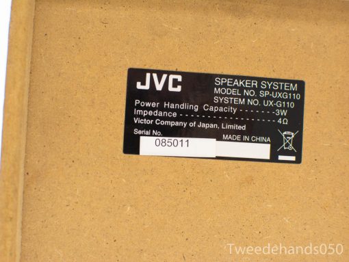 JVC SP-UXG110 speaker system, 3W power, 4Ω impedance, quality sound, made in China.