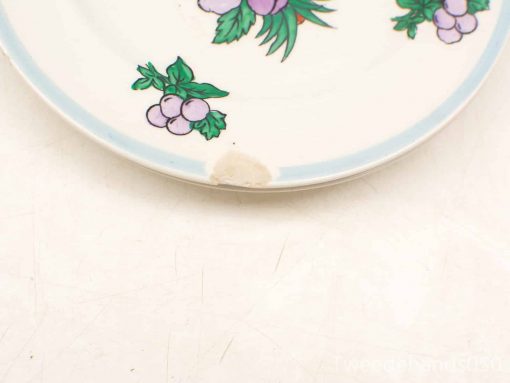Vintage hand-painted plate with purple grapes and blue rim, perfect for rustic decor.