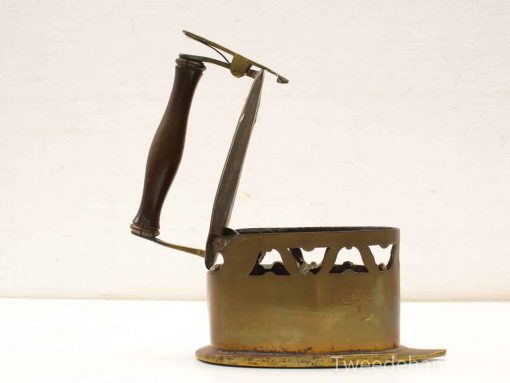 Antique brass kettle with unique design and wooden handle, perfect for vintage decor enthusiasts.