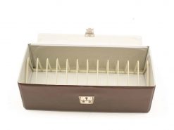 Elegant brown cash box with beige lid and dividers for organized storage and security.