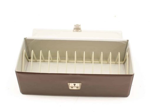 Elegant brown cash box with beige lid and dividers for organized storage and security.