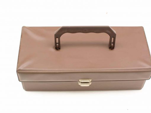 Classic brown toolbox with sturdy handle and silver latch for practical storage solutions.